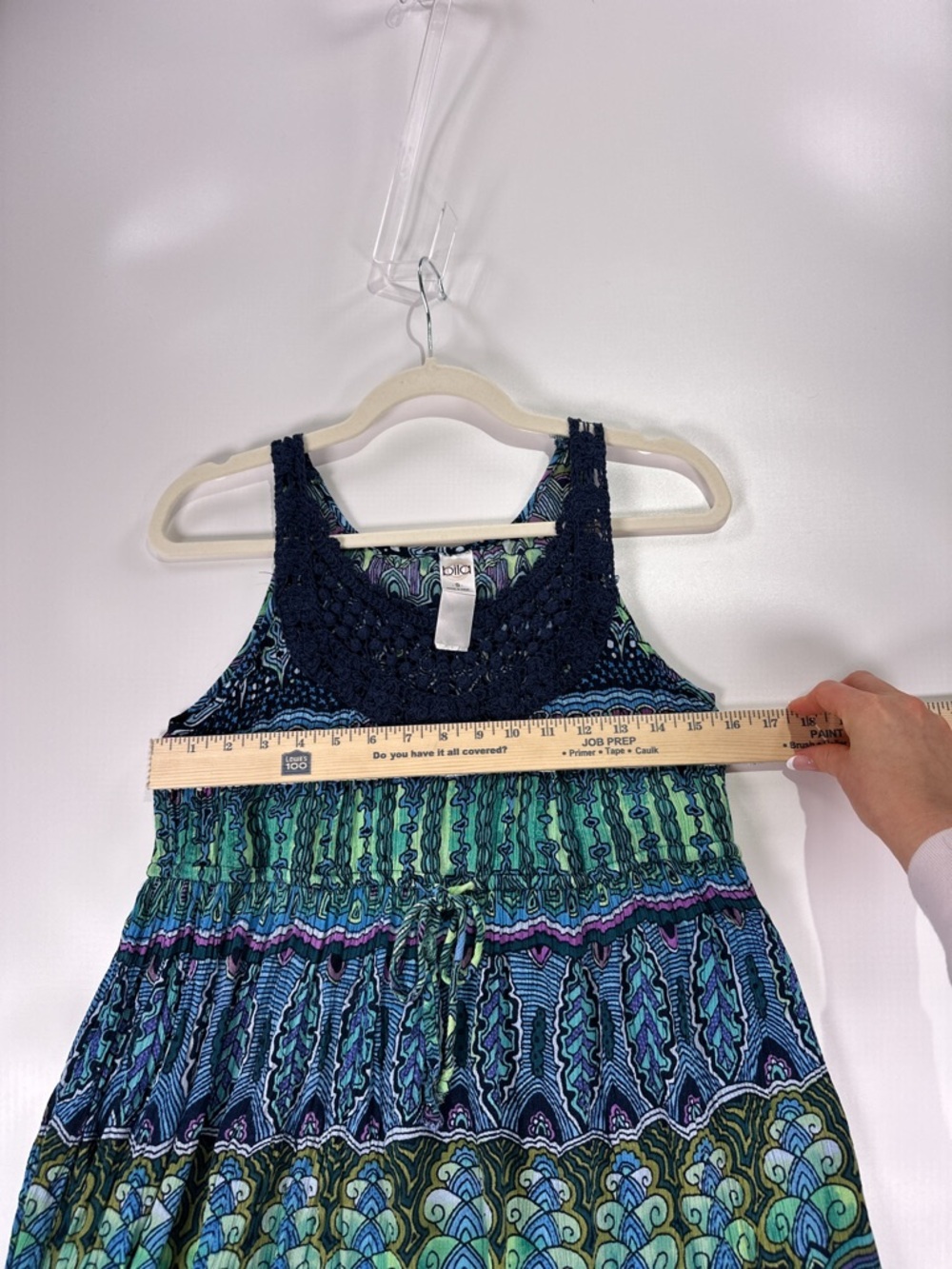 Bila Maxi Dress Crochet Neck Tiered Geometric Boho Blue Green Size S - Picture 9 of 11